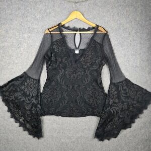 Venus Blouse Top Womens L Black Lace Sheer Bell Sleeve Goth Whimsigoth Coquette
